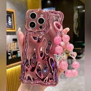 Glossy Pink Wave Case with Beaded Handle for iPhone 15 Pro Max